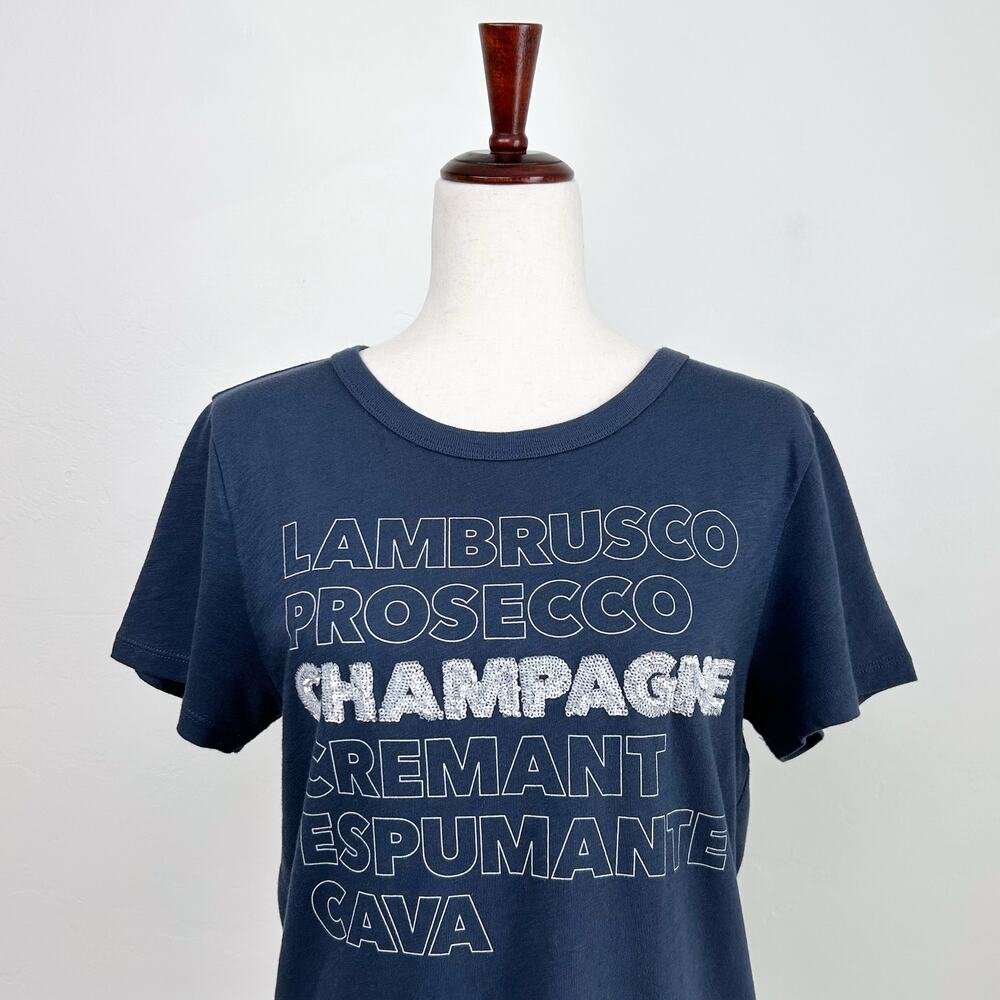 J. Crew Sequin Embellished Champagne Wine Navy Cotton Crewneck T-Shirt MEDIUM